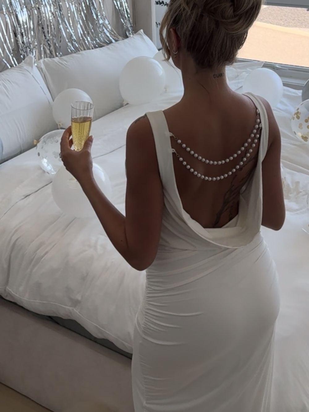 White Pearl Backless Cowl Neck Dress - Picture 1 of 4